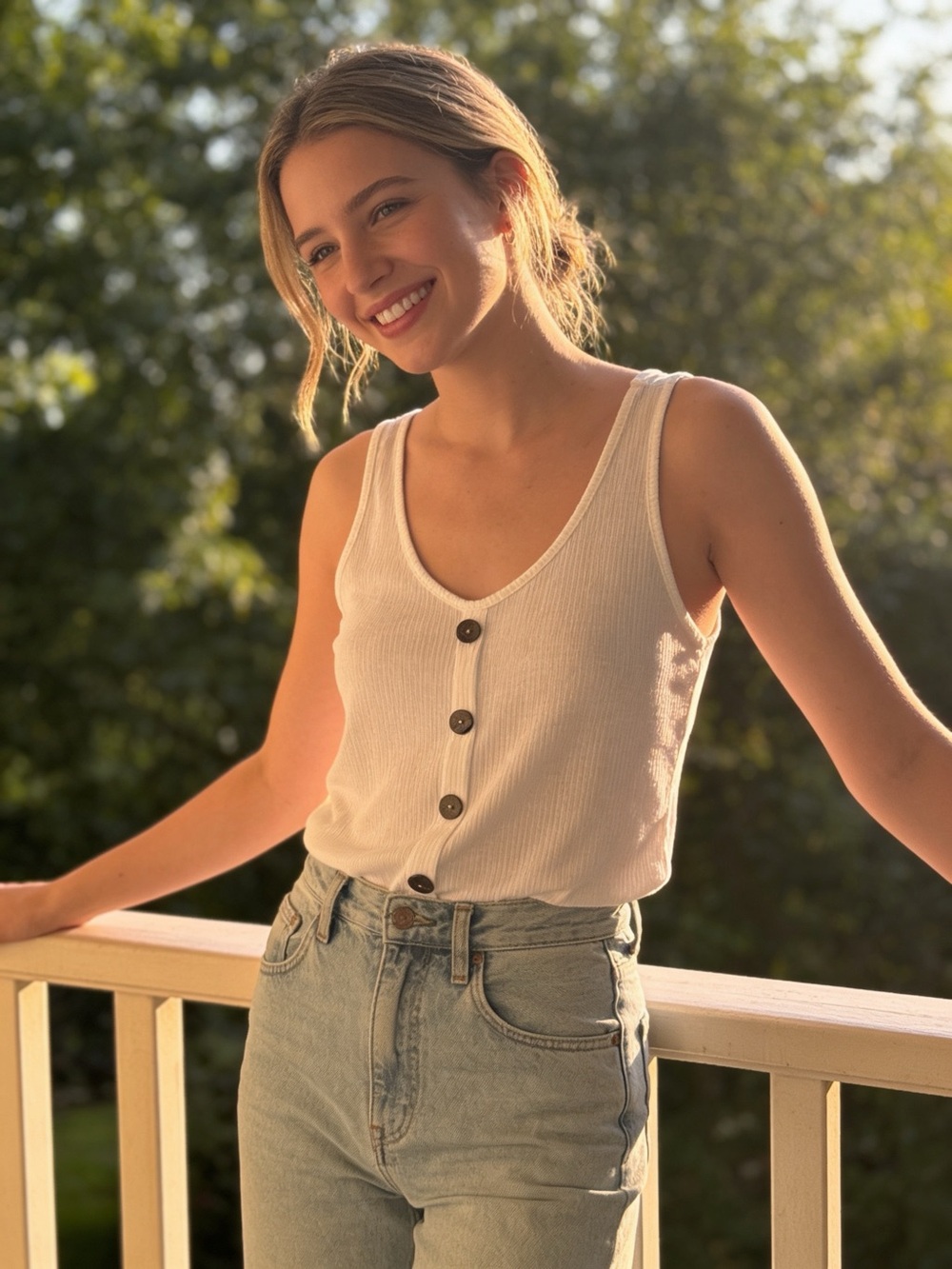 Free Kisses Classic Cream Ribbed Button-Front Tank Top
